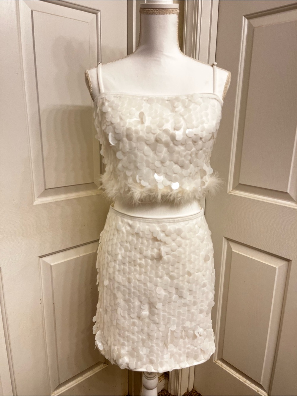 Lulu's White Sequin Mini Skirt Set